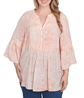 Ruby Rd. Plus Size Soft Silky Slub Patchwork Band V-Neck 3/4 Bell Sleeve Pleated Flowy Blouse