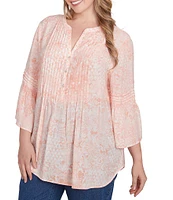 Ruby Rd. Plus Size Soft Silky Slub Patchwork Band V-Neck 3/4 Bell Sleeve Pleated Flowy Blouse