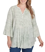 Ruby Rd. Plus Size Soft Silky Slub Patchwork Band V-Neck 3/4 Bell Sleeve Pleated Flowy Blouse