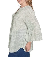 Ruby Rd. Plus Size Soft Silky Slub Patchwork Band V-Neck 3/4 Bell Sleeve Pleated Flowy Blouse