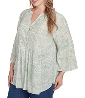Ruby Rd. Plus Size Soft Silky Slub Patchwork Band V-Neck 3/4 Bell Sleeve Pleated Flowy Blouse