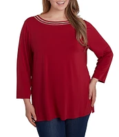 Ruby Rd. Plus Size Solid Embellished Boat Neck 3/4 Sleeve Knit Top