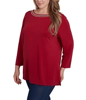 Ruby Rd. Plus Size Solid Embellished Boat Neck 3/4 Sleeve Knit Top