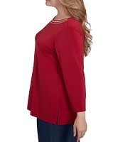 Ruby Rd. Plus Size Solid Embellished Boat Neck 3/4 Sleeve Knit Top