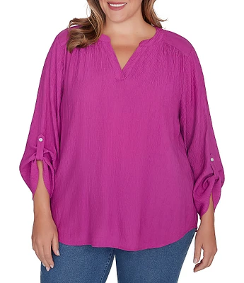 Ruby Rd. Plus Size Solid Gauze Band Notch Neckline Roll-Tab Sleeve Top