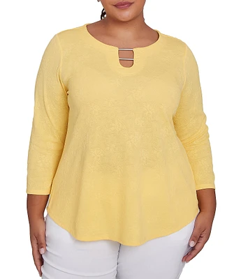 Ruby Rd. Plus Size Solid Paisley Floral Textured Knit Double Bar Detail Top