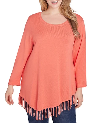 Ruby Rd. Plus Size Solid Scoop Neck Long Sleeve Fringed Asymmetric Hem Sweater