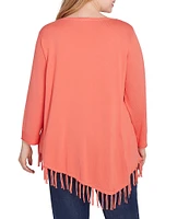 Ruby Rd. Plus Size Solid Scoop Neck Long Sleeve Fringed Asymmetric Hem Sweater