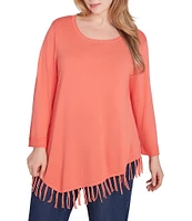 Ruby Rd. Plus Size Solid Scoop Neck Long Sleeve Fringed Asymmetric Hem Sweater