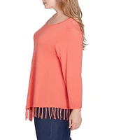 Ruby Rd. Plus Size Solid Scoop Neck Long Sleeve Fringed Asymmetric Hem Sweater