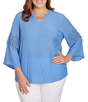 Ruby Rd. Plus Size Solid Split V-Neck Lace Inset 3/4 Bell Sleeve Sleeve Top