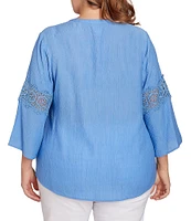 Ruby Rd. Plus Size Solid Split V-Neck Lace Inset 3/4 Bell Sleeve Sleeve Top