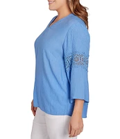 Ruby Rd. Plus Size Solid Split V-Neck Lace Inset 3/4 Bell Sleeve Sleeve Top