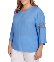 Ruby Rd. Plus Size Solid Split V-Neck Lace Inset 3/4 Bell Sleeve Sleeve Top