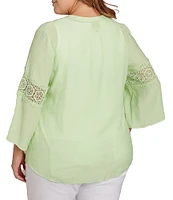 Ruby Rd. Plus Size Solid Split V-Neck Lace Inset 3/4 Bell Sleeve Sleeve Top