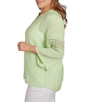 Ruby Rd. Plus Size Solid Split V-Neck Lace Inset 3/4 Bell Sleeve Sleeve Top