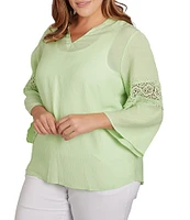 Ruby Rd. Plus Size Solid Split V-Neck Lace Inset 3/4 Bell Sleeve Sleeve Top