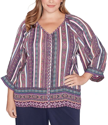 Ruby Rd. Plus Size Southwest Stripe Border Print Metallic Detail Braid Trim V-Neck 3/4 Balloon Sleeve Top