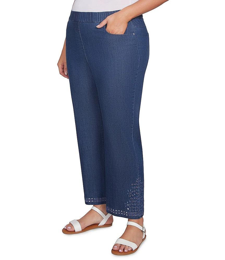 Ruby Rd. Plus Size Straight Leg Embroidered Eyelet Hem Pull-On Pants