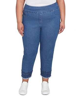 Ruby Rd. Plus Size Straight Leg Embroidered Frayed Hem Pull-On Ankle Pants