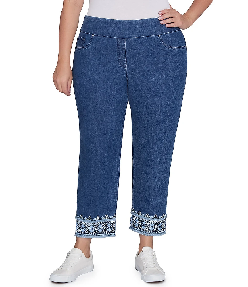 Ruby Rd. Plus Size Straight Leg Embroidered Hem Pull-On Jeans