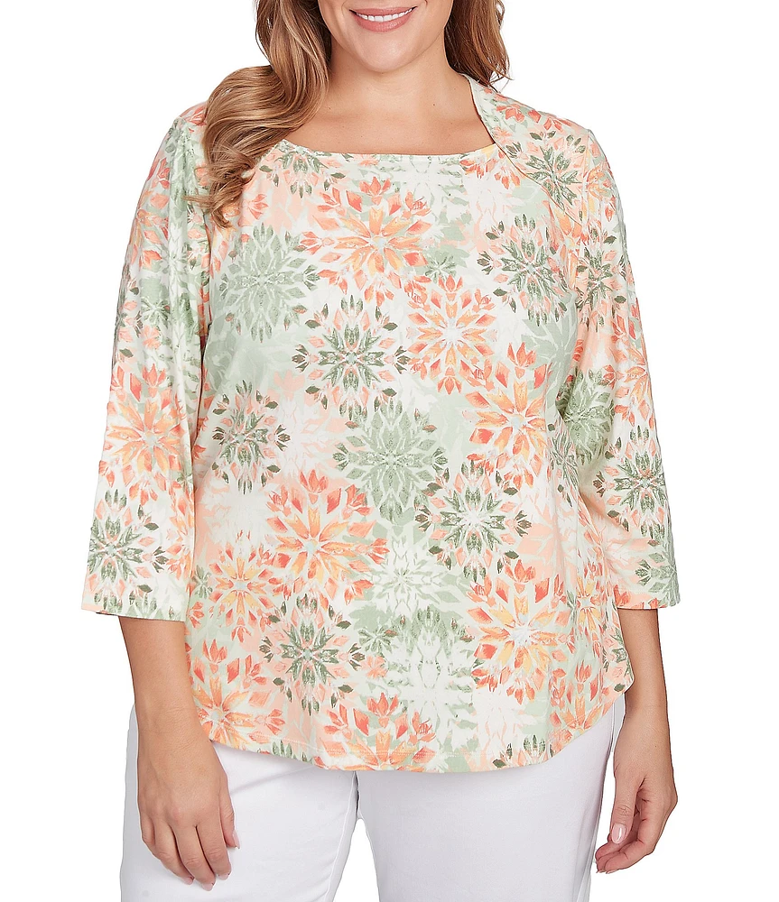 Ruby Rd. Plus Stretch Cotton Jersey Floral Envelope Neck 3/4 Sleeve Top