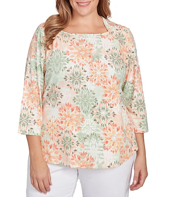 Ruby Rd. Plus Stretch Cotton Jersey Floral Envelope Neck 3/4 Sleeve Top