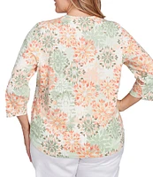 Ruby Rd. Plus Stretch Cotton Jersey Floral Envelope Neck 3/4 Sleeve Top