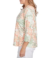 Ruby Rd. Plus Stretch Cotton Jersey Floral Envelope Neck 3/4 Sleeve Top