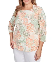 Ruby Rd. Plus Stretch Cotton Jersey Floral Envelope Neck 3/4 Sleeve Top