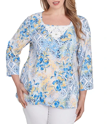 Ruby Rd. Plus Size Stretch Knit Watercolor Mixed Print Square Neck 3/4 Sleeve Top