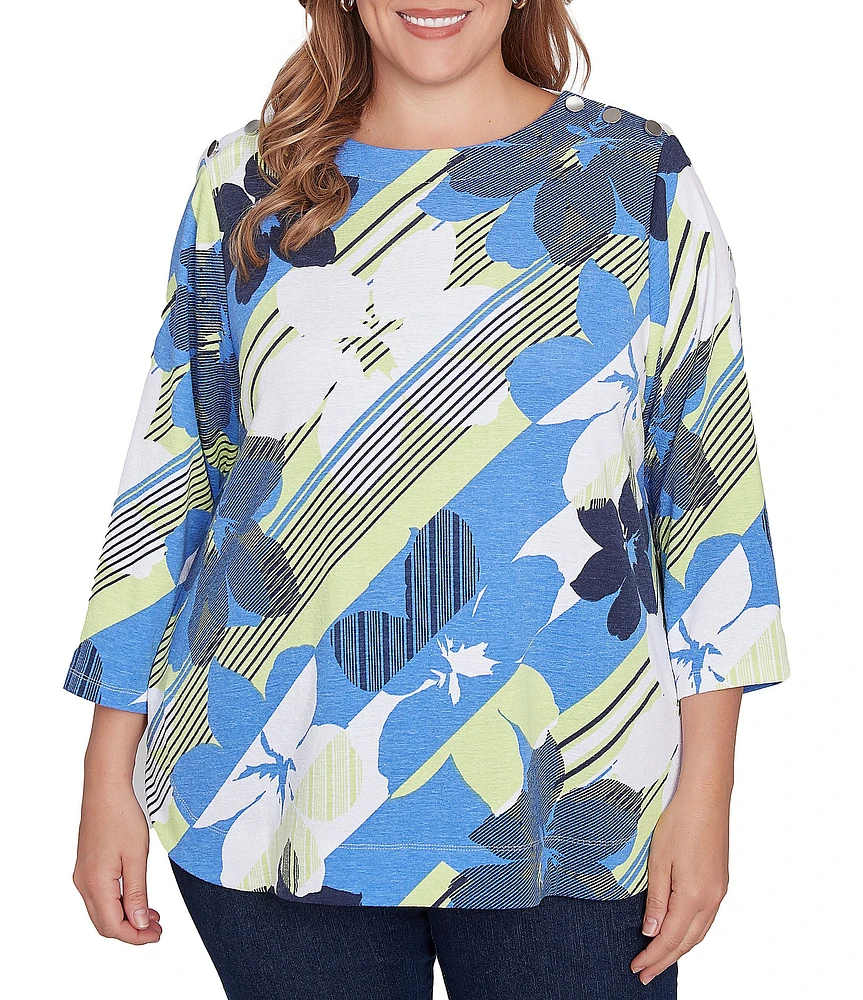 Ruby Rd. Plus Size Stripe Floral Boat Neck 3/4 Sleeve Knit Top