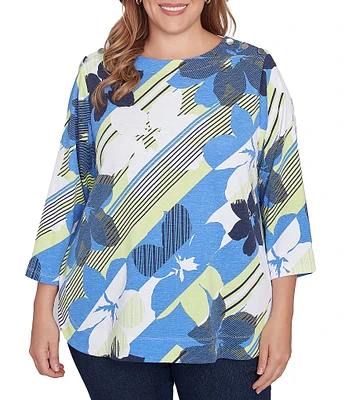 Ruby Rd. Plus Size Stripe Floral Boat Neck 3/4 Sleeve Knit Top