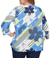 Ruby Rd. Plus Size Stripe Floral Boat Neck 3/4 Sleeve Knit Top