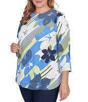 Ruby Rd. Plus Size Stripe Floral Boat Neck 3/4 Sleeve Knit Top