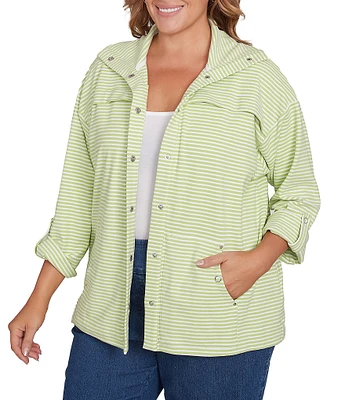 Ruby Rd. Plus Size Stripe Print Interlock Knit Wing Collar Roll-Tab Sleeve Snap-Front Jacket