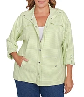 Ruby Rd. Plus Size Stripe Print Interlock Knit Wing Collar Roll-Tab Sleeve Snap-Front Jacket