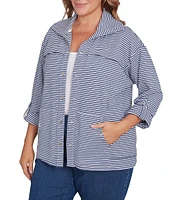 Ruby Rd. Plus Size Stripe Print Interlock Knit Wing Collar Roll-Tab Sleeve Snap-Front Jacket