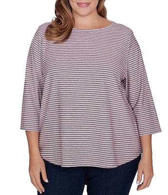 Ruby Rd. Plus Size Stripe Print Knit Crew Neck 3/4 Sleeve Top