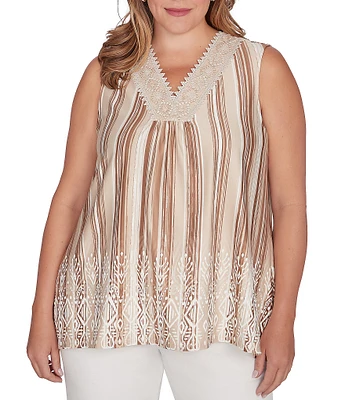 Ruby Rd. Plus Size Stripe Print Metallic Crochet V-Neck Puff Print Hem Sleeveless Marrakesh Top