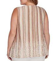 Ruby Rd. Plus Size Stripe Print Metallic Crochet V-Neck Puff Print Hem Sleeveless Marrakesh Top