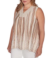 Ruby Rd. Plus Size Stripe Print Metallic Crochet V-Neck Puff Print Hem Sleeveless Marrakesh Top