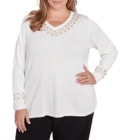 Ruby Rd. Plus Size Sweater Knit Grommet Embellished Trim V-Neck Long Sleeve Shirttail Hem Top