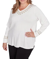 Ruby Rd. Plus Size Sweater Knit Grommet Embellished Trim V-Neck Long Sleeve Shirttail Hem Top