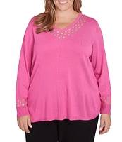 Ruby Rd. Plus Size Sweater Knit Grommet Embellished Trim V-Neck Long Sleeve Shirttail Hem Top