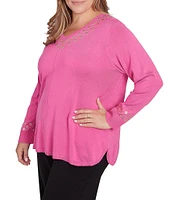 Ruby Rd. Plus Size Sweater Knit Grommet Embellished Trim V-Neck Long Sleeve Shirttail Hem Top