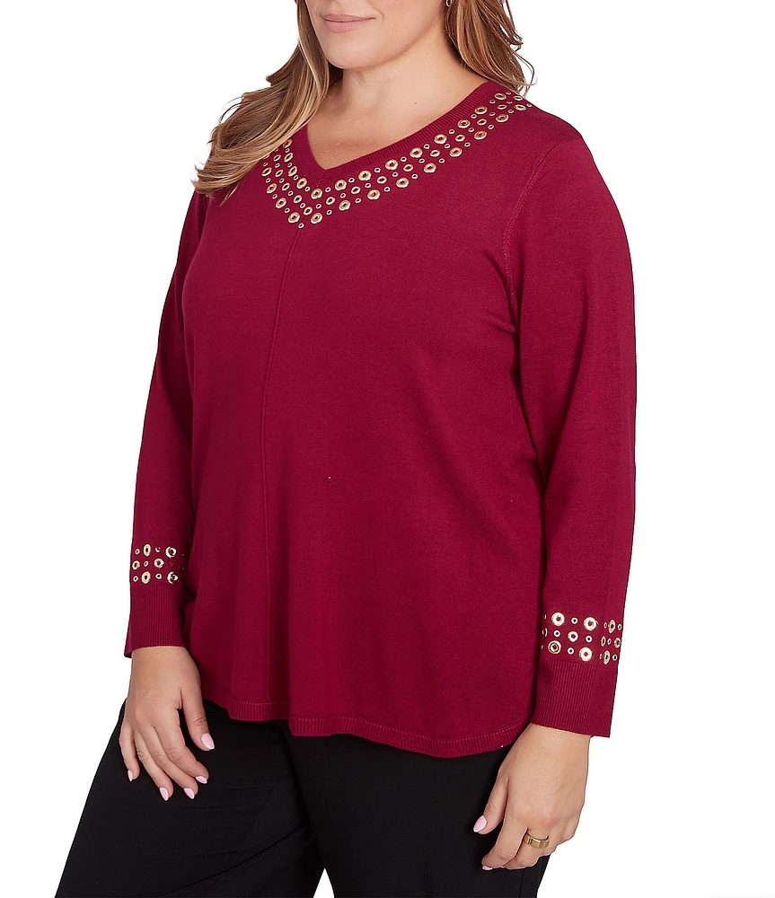 Ruby Rd. Plus Size Sweater Knit Grommet Embellished Trim V-Neck Long Sleeve Shirttail Hem Top