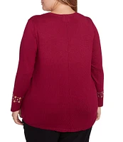 Ruby Rd. Plus Size Sweater Knit Grommet Embellished Trim V-Neck Long Sleeve Shirttail Hem Top