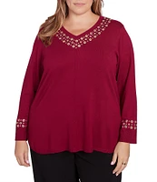 Ruby Rd. Plus Size Sweater Knit Grommet Embellished Trim V-Neck Long Sleeve Shirttail Hem Top