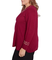 Ruby Rd. Plus Size Sweater Knit Grommet Embellished Trim V-Neck Long Sleeve Shirttail Hem Top